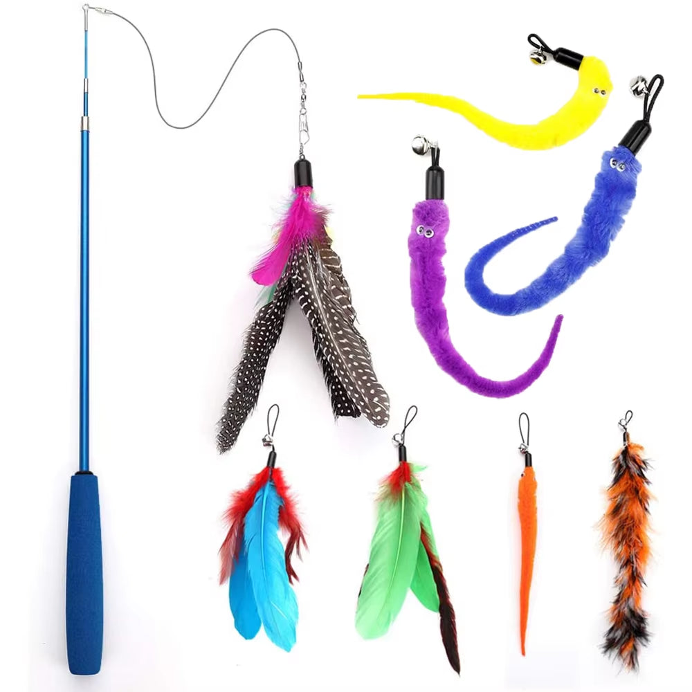 Varita de juego interactivo con plumas para gato retractible plumas con campana atrapador para ejercicio de gatos