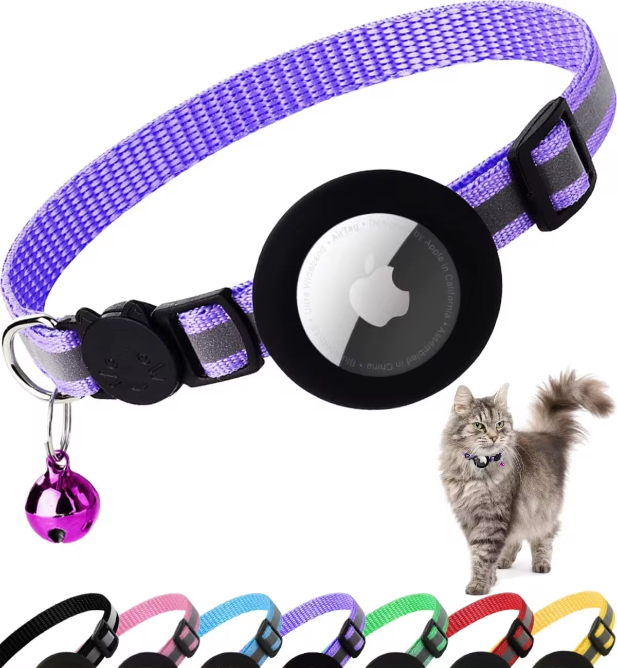 Collar para gatos para portar Air tag, reflejante, desabrochable con soporte para Apple Air Tag y cascabel para gatos, 1 cm de ancho (No incluye Airtag ni cascabel)