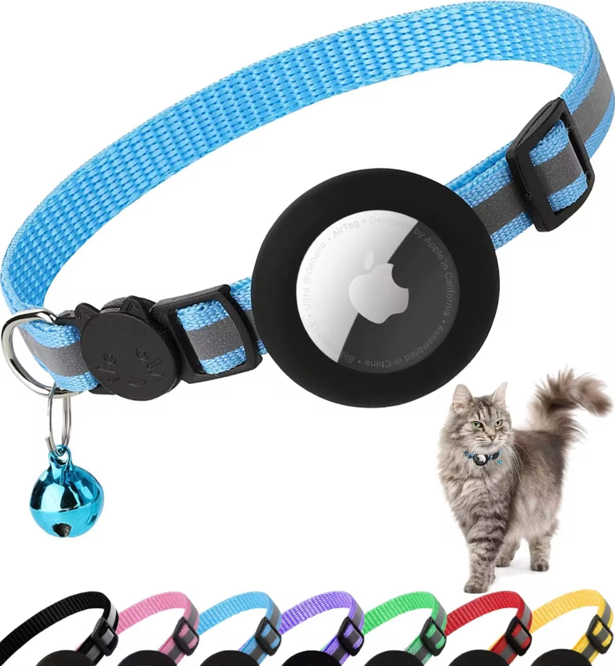 Collar para gatos para portar Air tag, reflejante, desabrochable con soporte para Apple Air Tag y cascabel para gatos, 1 cm de ancho (No incluye Airtag ni cascabel)
