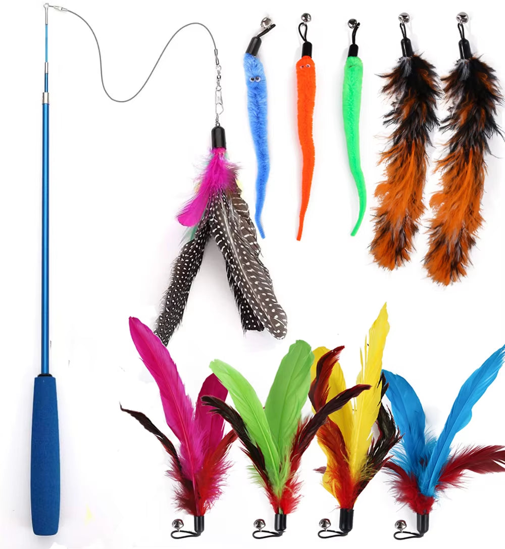 Varita de juego interactivo con plumas para gato retractible plumas con campana atrapador para ejercicio de gatos