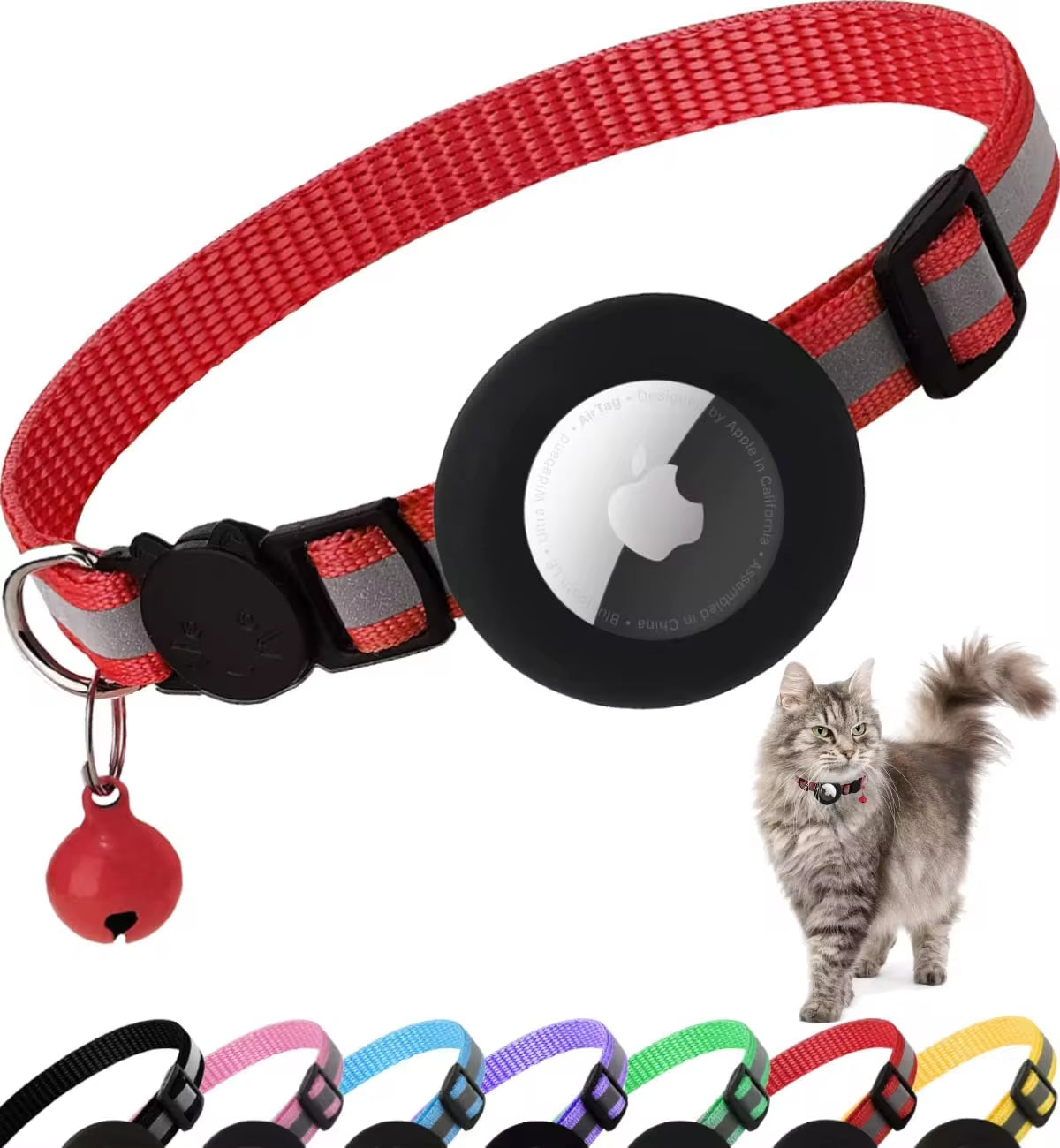 Collar para gatos para portar Air tag, reflejante, desabrochable con soporte para Apple Air Tag y cascabel para gatos, 1 cm de ancho (No incluye Airtag ni cascabel)