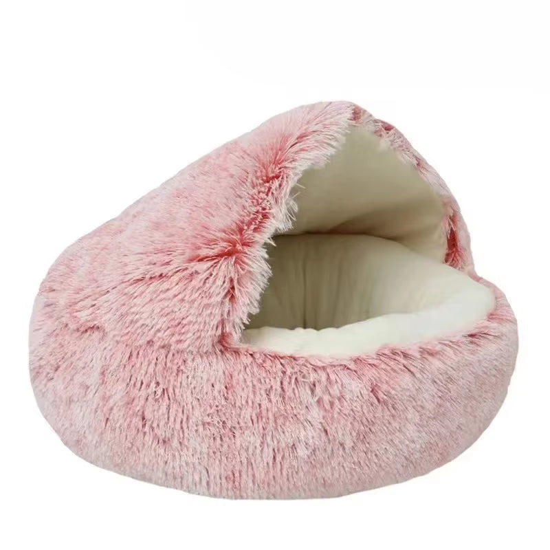 Cama redonda de felpa esponjosa con capucha para gatos, acogedora para gatos de interior o perros pequeños, con diseño de redondo, calmante y antiansiedad.