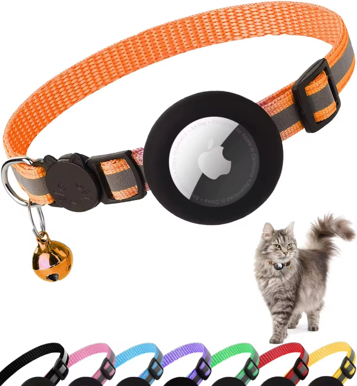 Collar para gatos para portar Air tag, reflejante, desabrochable con soporte para Apple Air Tag y cascabel para gatos, 1 cm de ancho (No incluye Airtag ni cascabel)