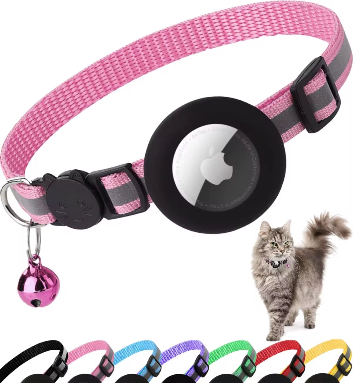 Collar para gatos para portar Air tag, reflejante, desabrochable con soporte para Apple Air Tag y cascabel para gatos, 1 cm de ancho (No incluye Airtag ni cascabel)