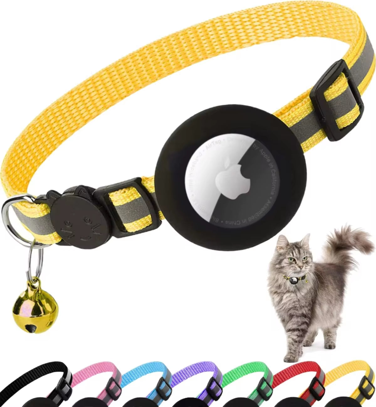 Collar para gatos para portar Air tag, reflejante, desabrochable con soporte para Apple Air Tag y cascabel para gatos, 1 cm de ancho (No incluye Airtag ni cascabel)