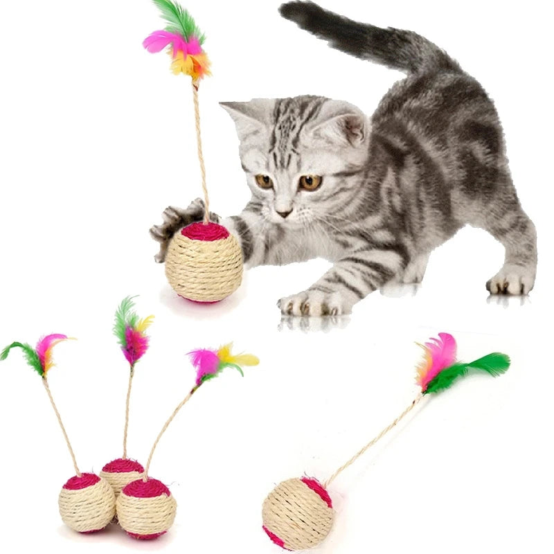 Juguete para gatos, pelota rascadora de sisal para gatos, juguete interactivo de entrenamiento para gatitos, suministros para gatos, divertido juguete de plumas, accesorio para gatos