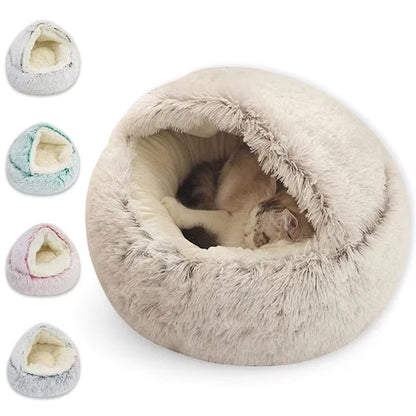 Cama redonda de felpa esponjosa con capucha para gatos, acogedora para gatos de interior o perros pequeños, con diseño de redondo, calmante y antiansiedad.