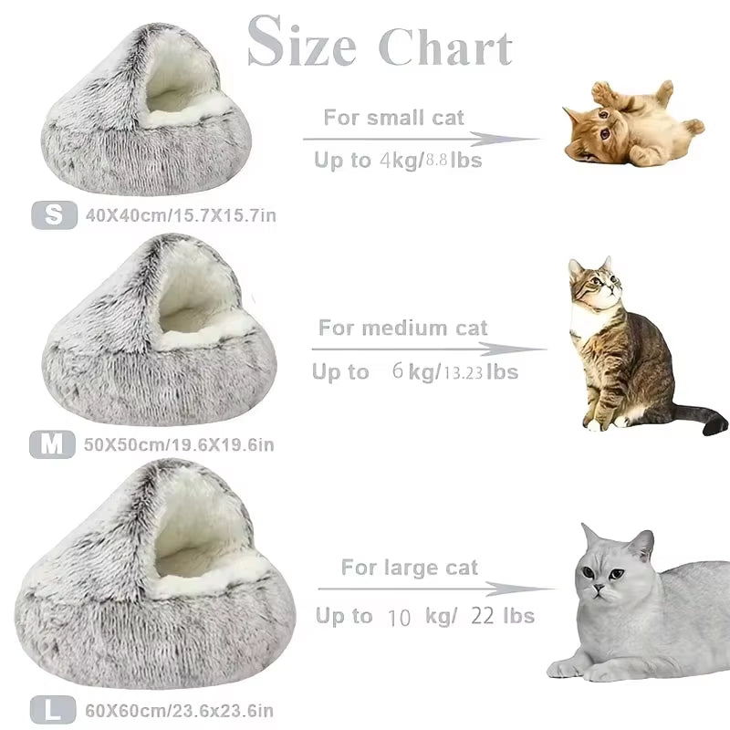 Cama redonda de felpa esponjosa con capucha para gatos, acogedora para gatos de interior o perros pequeños, con diseño de redondo, calmante y antiansiedad.