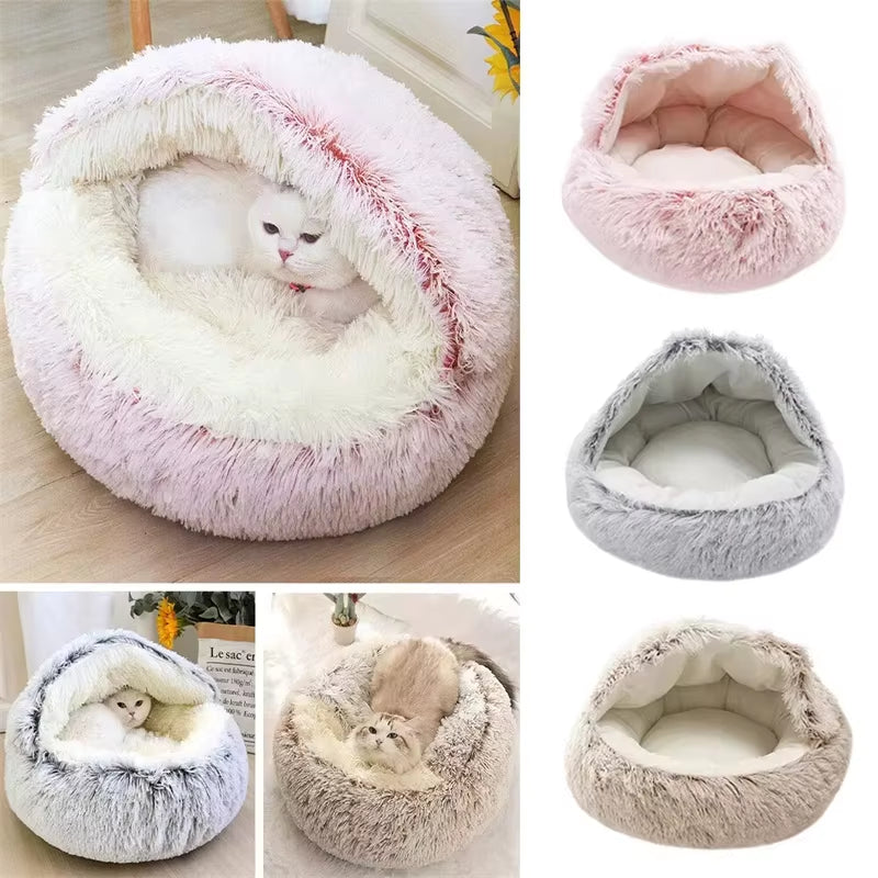 Cama redonda de felpa esponjosa con capucha para gatos, acogedora para gatos de interior o perros pequeños, con diseño de redondo, calmante y antiansiedad.