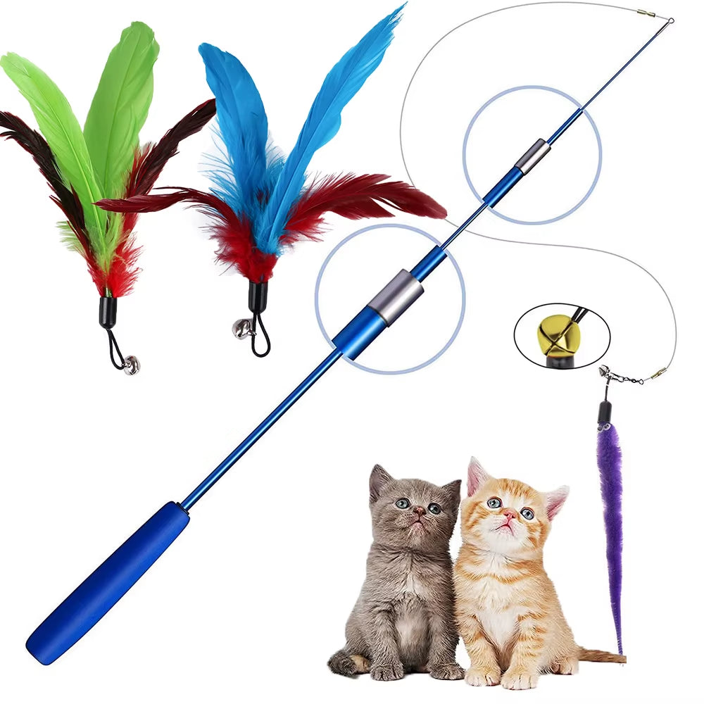 Varita de juego interactivo con plumas para gato retractible plumas con campana atrapador para ejercicio de gatos