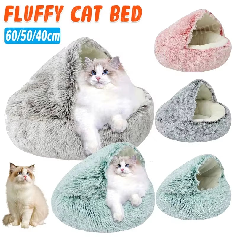 Cama redonda de felpa esponjosa con capucha para gatos, acogedora para gatos de interior o perros pequeños, con diseño de redondo, calmante y antiansiedad.