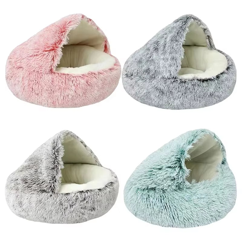 Cama redonda de felpa esponjosa con capucha para gatos, acogedora para gatos de interior o perros pequeños, con diseño de redondo, calmante y antiansiedad.