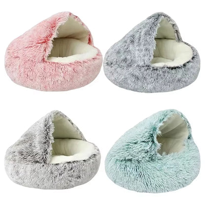 Cama redonda de felpa esponjosa con capucha para gatos, acogedora para gatos de interior o perros pequeños, con diseño de redondo, calmante y antiansiedad.